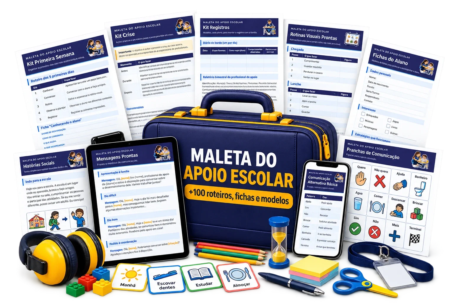 Maleta do Apoio Escolar: maleta com as páginas, tablet e celular